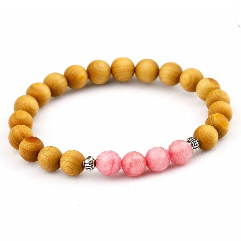 Hand Crafted Pink Agate and Wood Bead Diffuser Bracelet